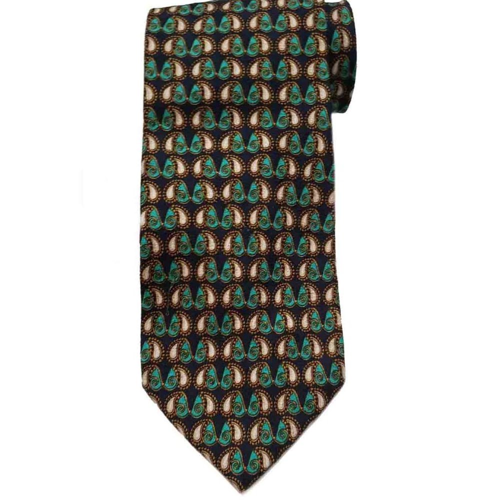 Vintage Valentino Italian Silk Tie Navy Blue Green Gold Men's